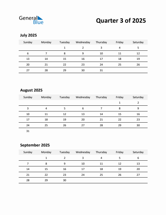 Quarter 3 2025 calendar template