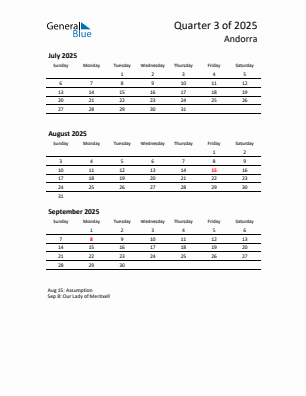 Andorra Quarter 3 2025 calendar template