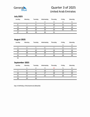United Arab Emirates Quarter 3  2025 calendar template