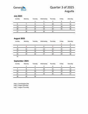 Anguilla Quarter 3  2025 calendar template