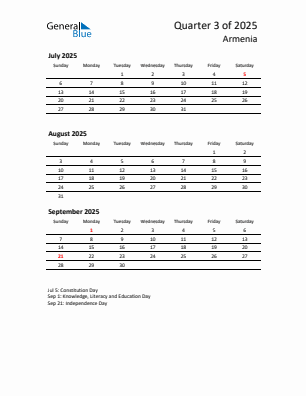 Armenia Quarter 3  2025 calendar template