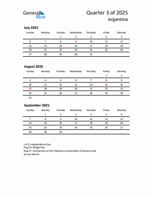Argentina Quarter 3  2025 calendar template