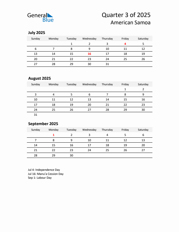 2025 Q3 Three-Month Calendar for American Samoa