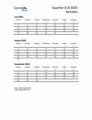 Barbados Quarter 3  2025 calendar template