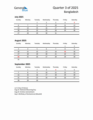 Bangladesh Quarter 3 2025 calendar template