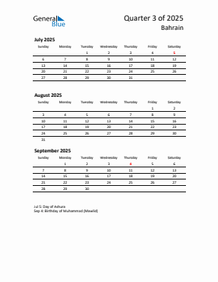 Bahrain Quarter 3 2025 calendar template