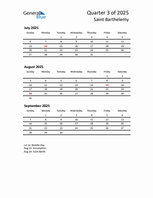 Saint Barthelemy Quarter 3 2025 calendar template