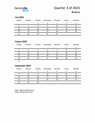 Bolivia Quarter 3  2025 calendar template