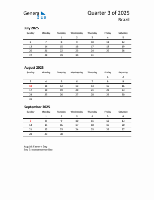 Brazil Quarter 3  2025 calendar template