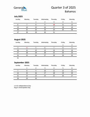 Bahamas Quarter 3 2025 calendar template