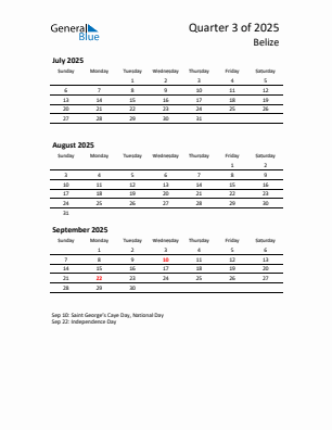 Belize Quarter 3 2025 calendar template
