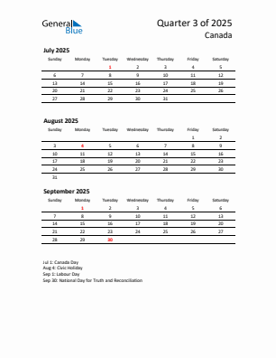 Canada Quarter 3  2025 calendar template