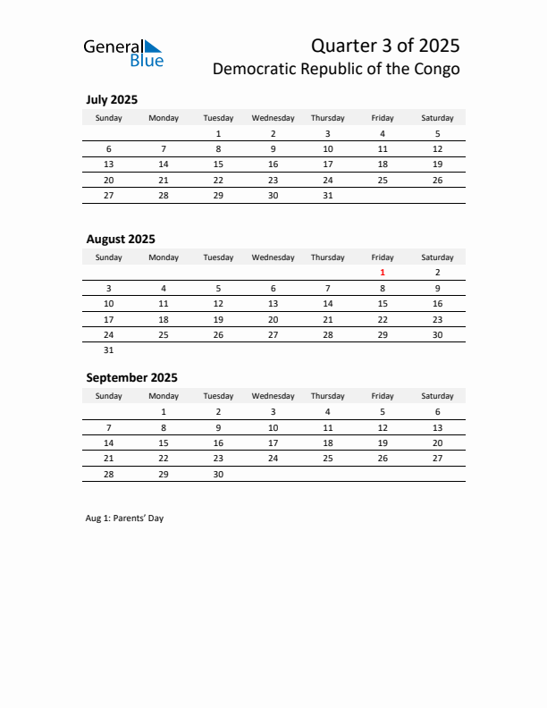 2025 Q3 Three-Month Calendar for Democratic Republic of the Congo