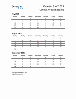 Central African Republic Quarter 3  2025 calendar template