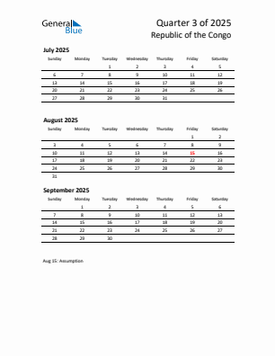 Republic of the Congo Quarter 3  2025 calendar template