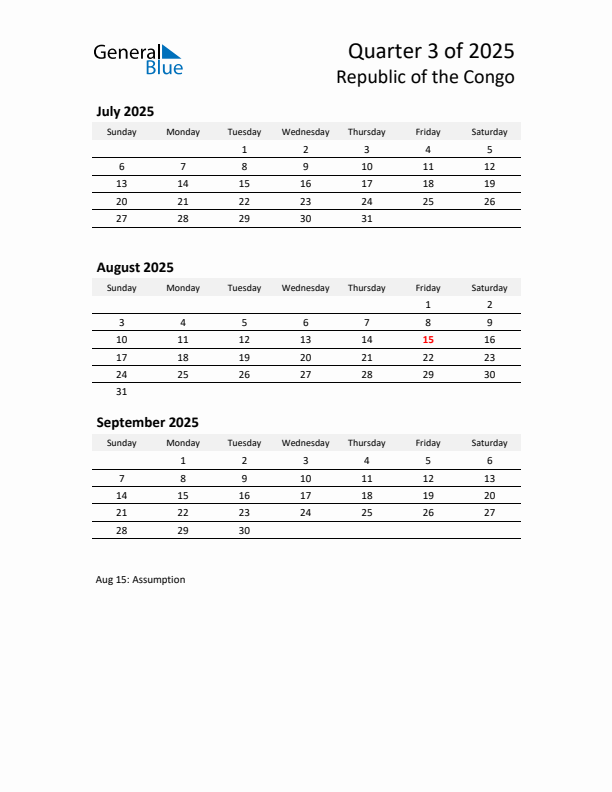 2025 Q3 Three-Month Calendar for Republic of the Congo