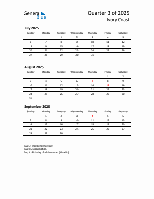 Ivory Coast Quarter 3  2025 calendar template