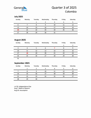 Colombia Quarter 3  2025 calendar template