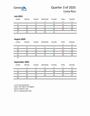 Costa Rica Quarter 3 2025 calendar template