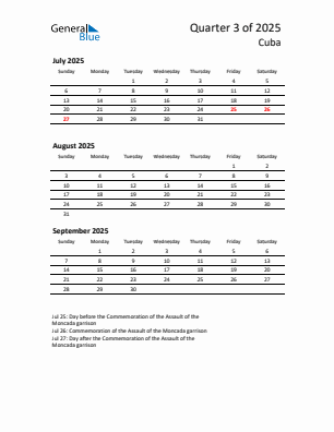 Cuba Quarter 3  2025 calendar template
