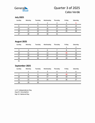 Cabo Verde Quarter 3  2025 calendar template
