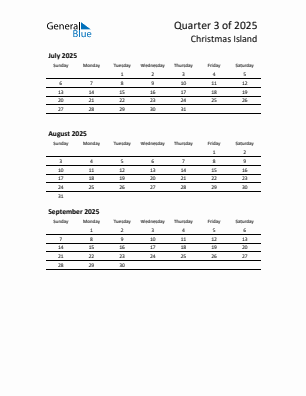 Christmas Island Quarter 3  2025 calendar template