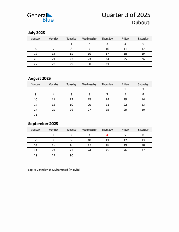 2025 Q3 Three-Month Calendar for Djibouti