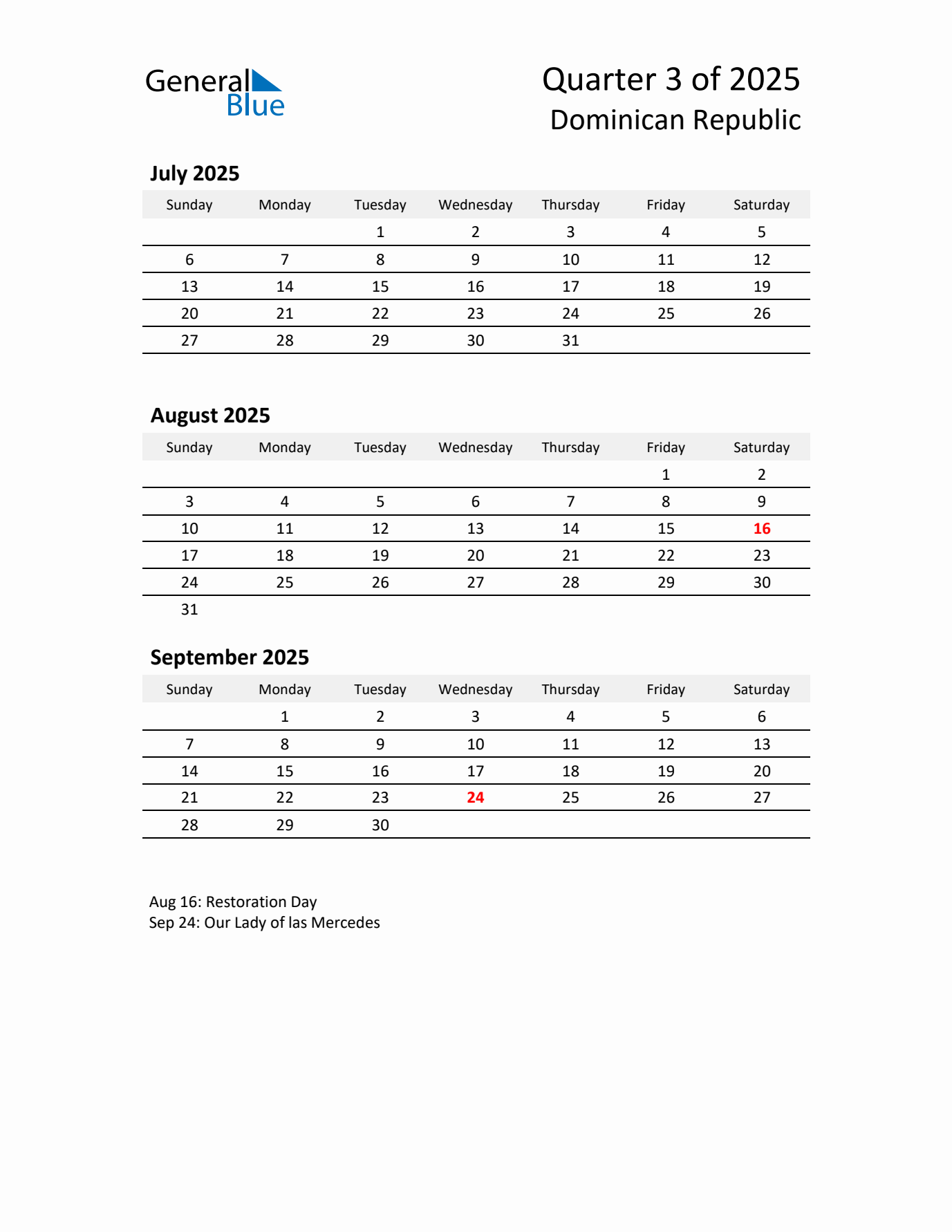 2025 Q3 Three-Month Calendar for Dominican Republic