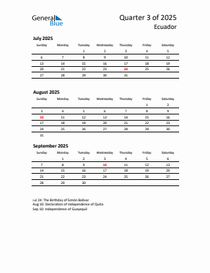 Ecuador Quarter 3  2025 calendar template