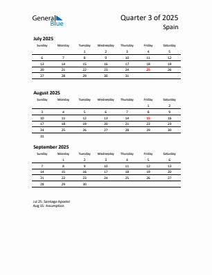 Spain Quarter 3  2025 calendar template