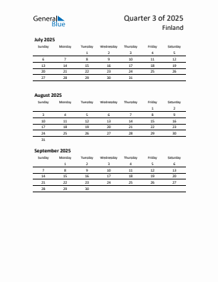 Finland Quarter 3 2025 calendar template
