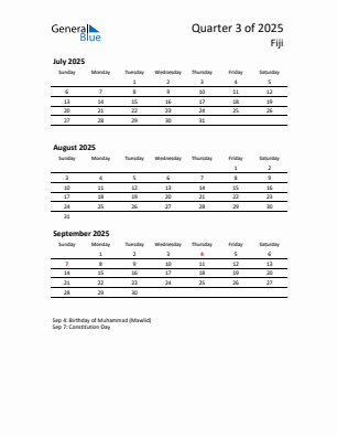 Fiji Quarter 3  2025 calendar template