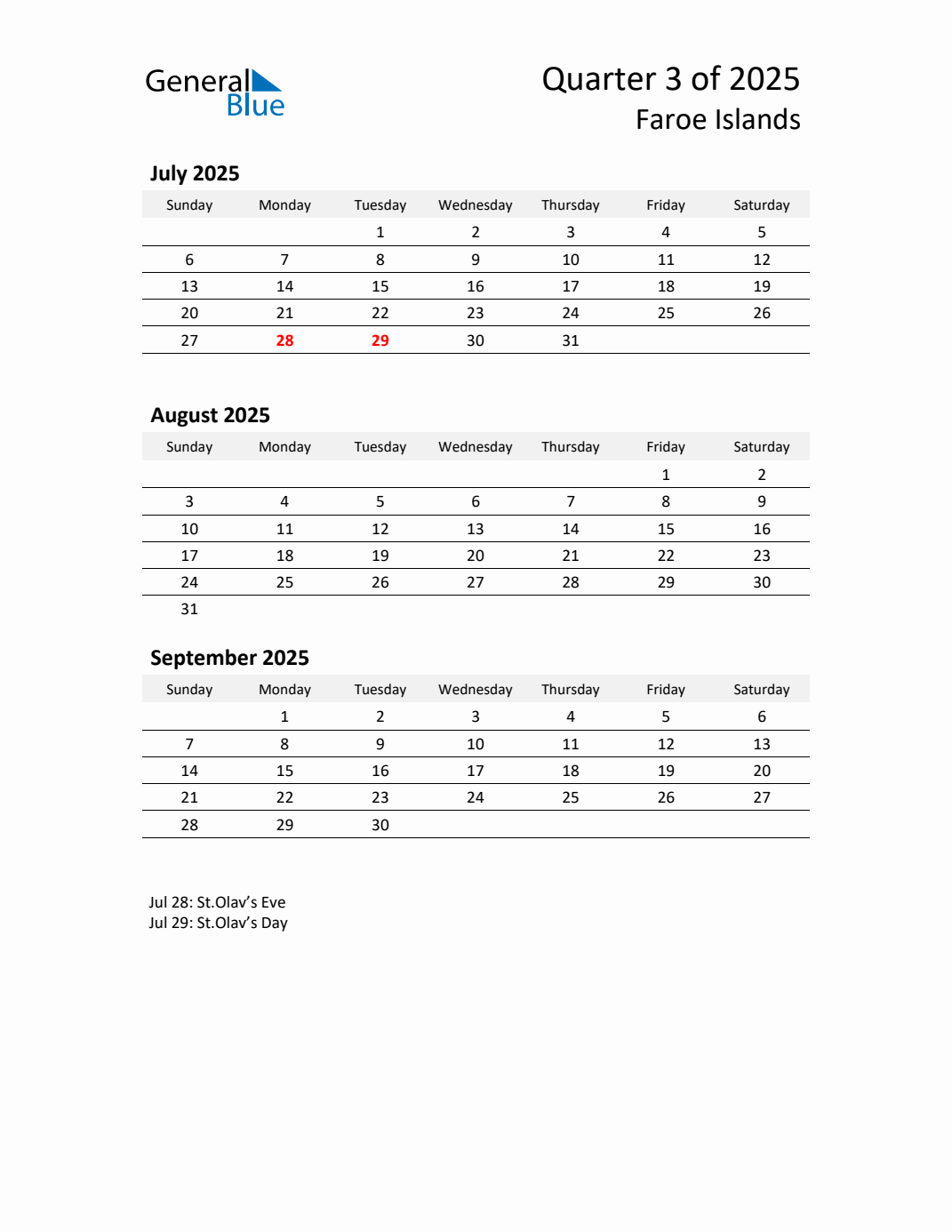 Q3 2025 Quarterly Calendar with Faroe Islands Holidays (PDF, Excel, Word)