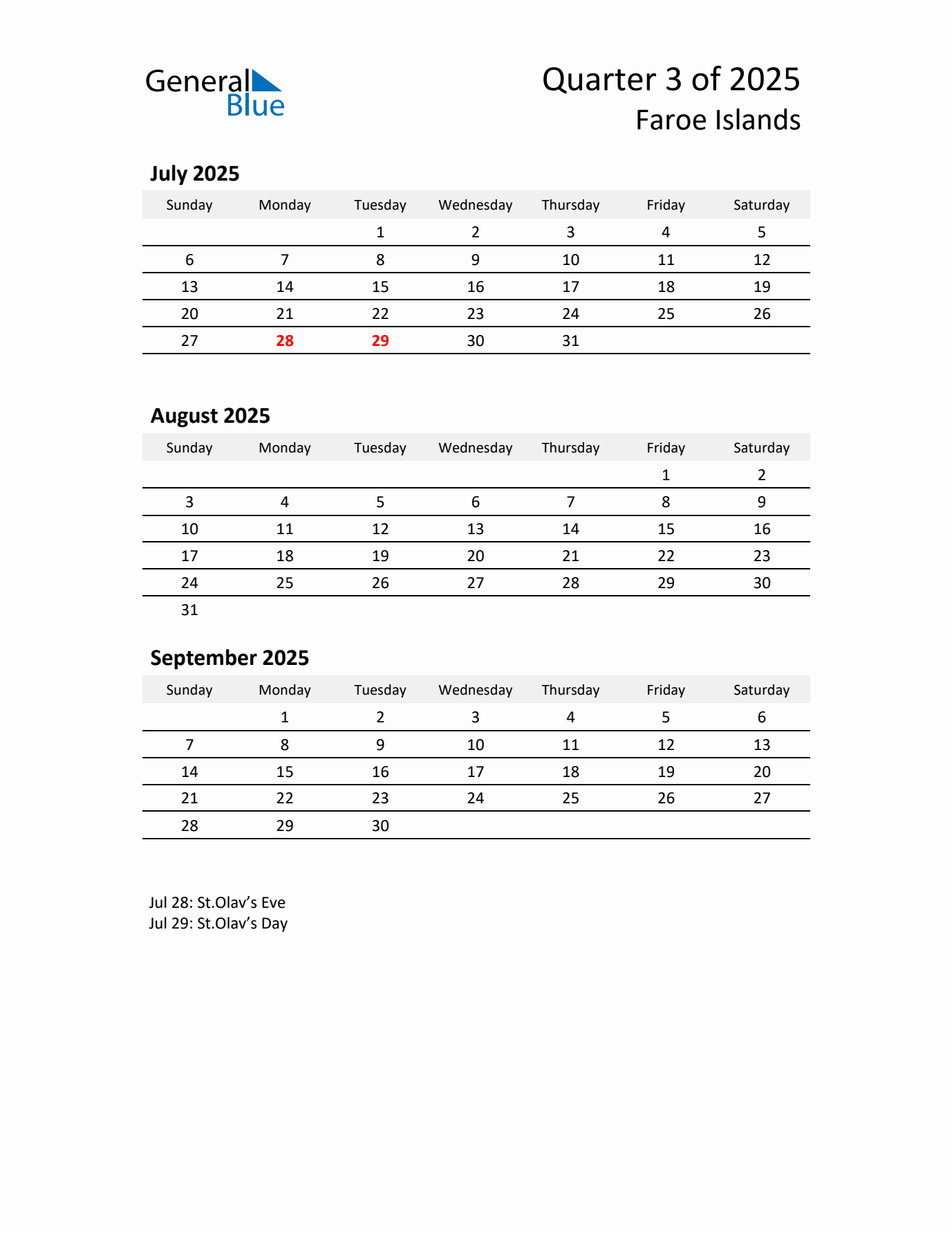 2025 Q3 Three-Month Calendar for Faroe Islands
