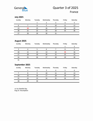 France Quarter 3  2025 calendar template