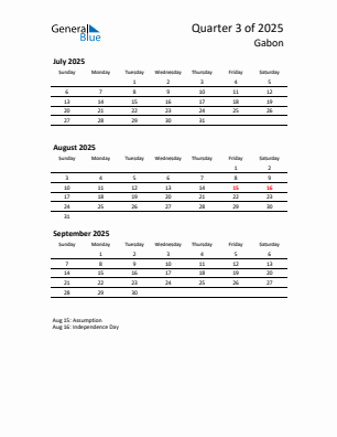 Gabon Quarter 3 2025 calendar template