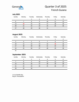 French Guiana Quarter 3  2025 calendar template