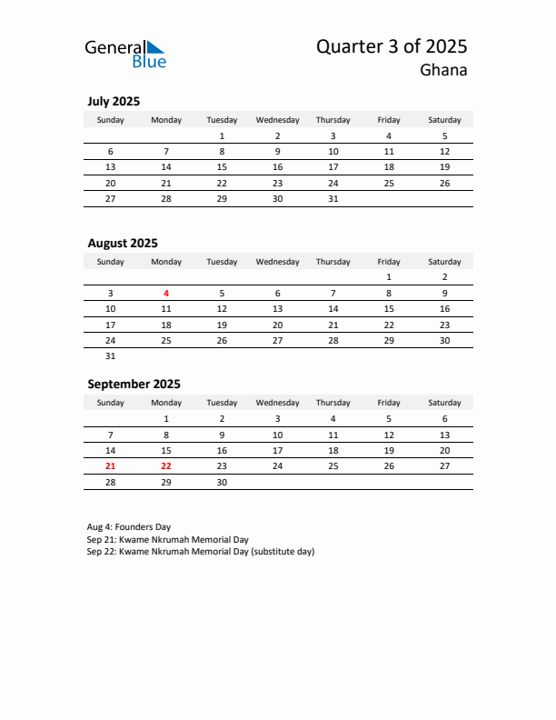 2025 Q3 Three-Month Calendar for Ghana