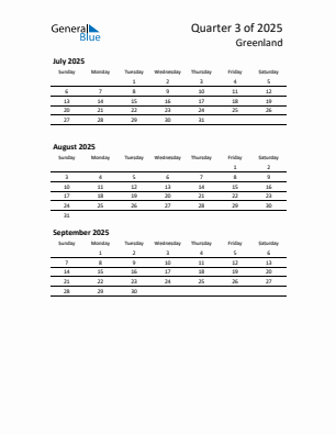 Greenland Quarter 3 2025 calendar template