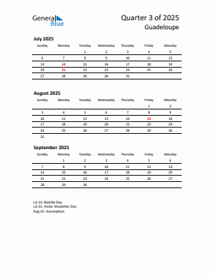 Guadeloupe Quarter 3  2025 calendar template