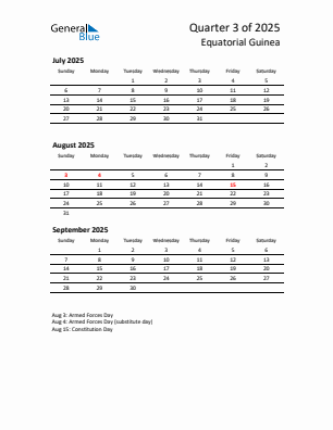 Equatorial Guinea Quarter 3  2025 calendar template
