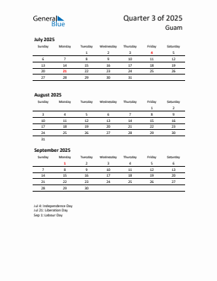Guam Quarter 3  2025 calendar template