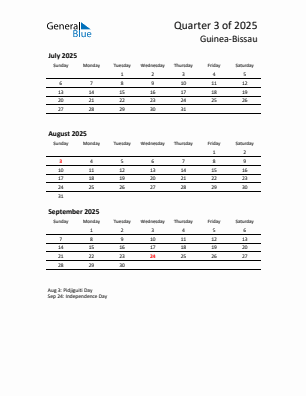 Guinea-Bissau Quarter 3  2025 calendar template