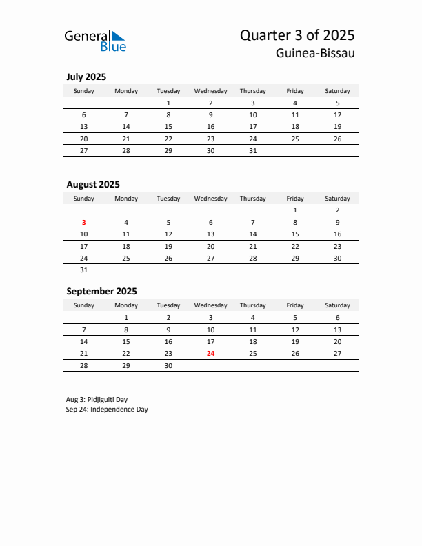 2025 Q3 Three-Month Calendar for Guinea-Bissau