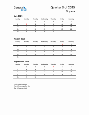 Guyana Quarter 3 2025 calendar template
