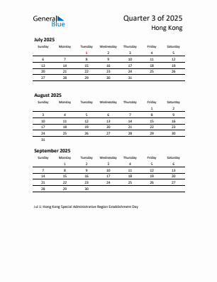 Hong Kong Quarter 3  2025 calendar template