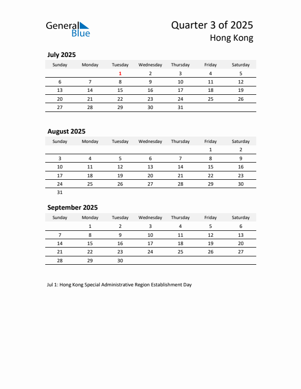 2025 Q3 Three-Month Calendar for Hong Kong