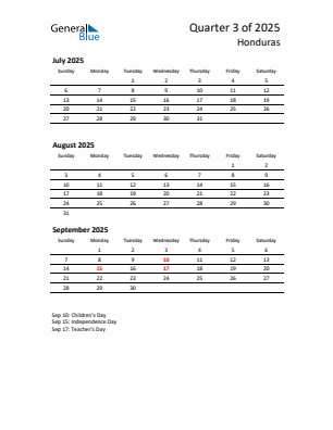 Honduras Quarter 3  2025 calendar template
