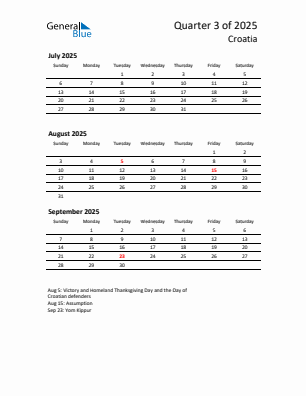 Croatia Quarter 3  2025 calendar template