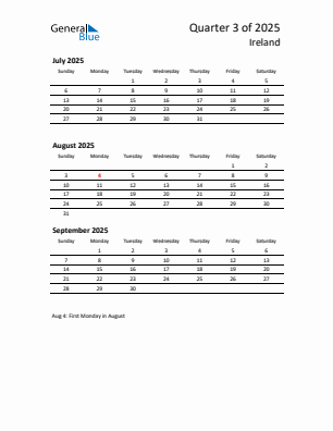 Ireland Quarter 3  2025 calendar template